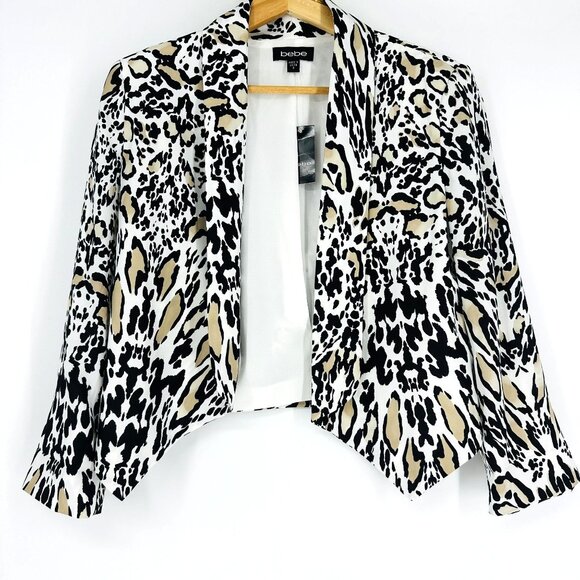 Bebe Safari Chic Neutral Leopard Print Cropped Shawl Collar Blazer Jacket Size S - Picture 3 of 9